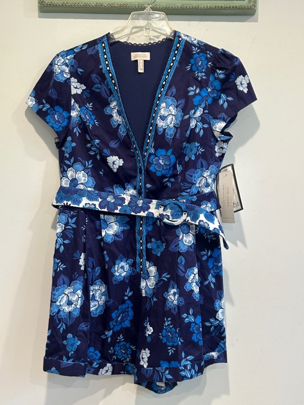 Adrianna Papell Navy & Blue Floral Short Sleeve Romper with Belt women’s 14 new